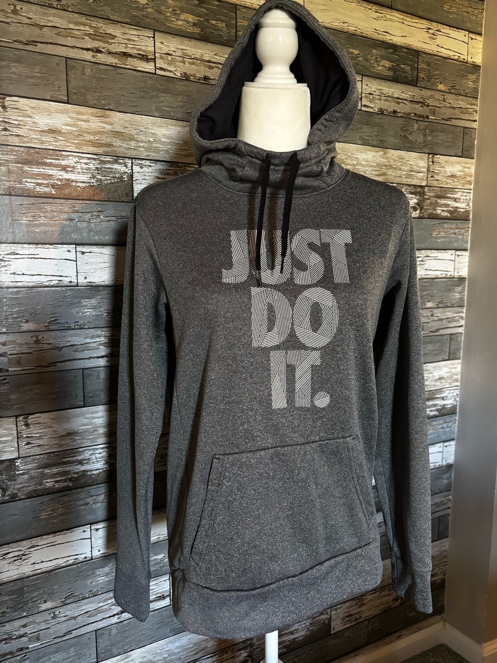 Nike Dri-Fit Just Do It Graphic Fleece Lined Athletic Gray Hoodie Womens S